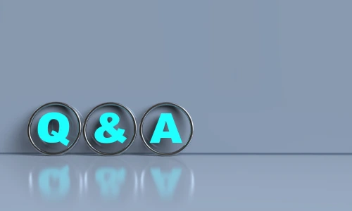 Three glowing blue "Q", "&", and "A" letters inside silver rings, arranged side by side on a reflective grey surface