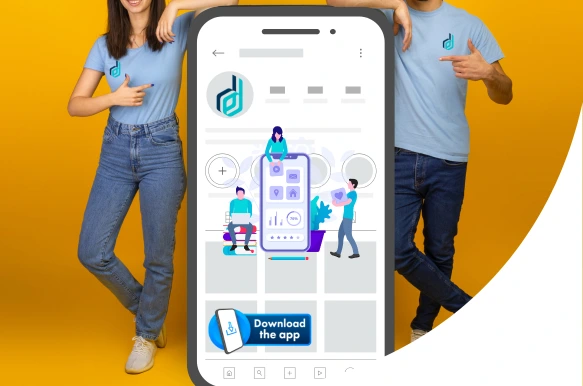 Digital marketing concept showing two individuals promoting a mobile application with a vibrant illustration of app features.
