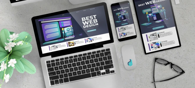 Responsive web design concept displayed on a laptop, smartphone, and tablet, alongside a mouse, glasses, and a plant.